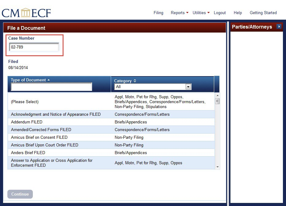 How To Use CM/ECF : Entering the case number and selecting the filing type