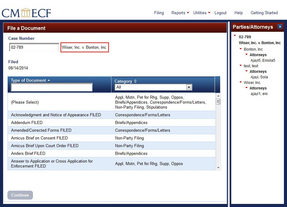How To Use CM/ECF : Entering the case number and selecting the filing type