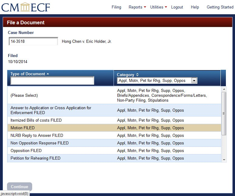 filing motion screen