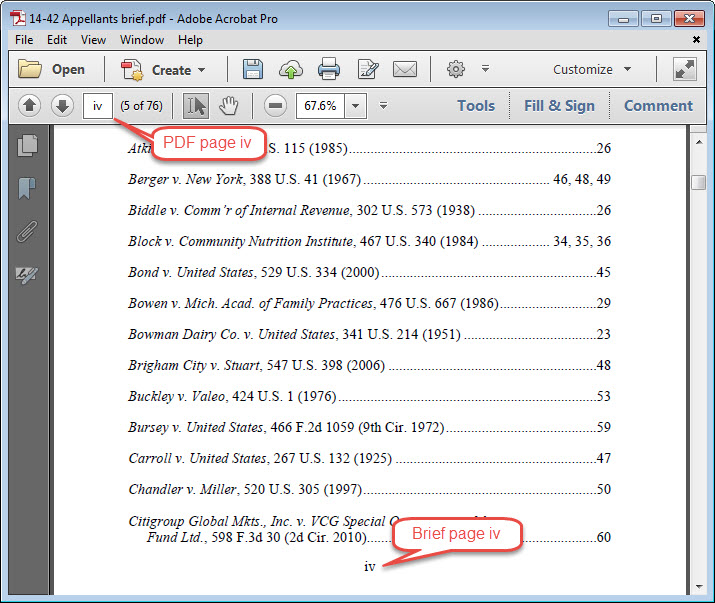 Table of authorities page