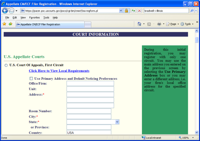 Court Information screen