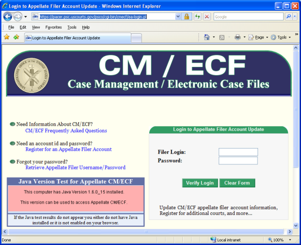 Login to Appellate Filer Account Update screen