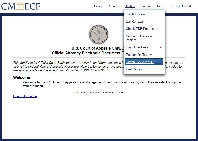 CM/ECF Appellate Filer Account Update login page