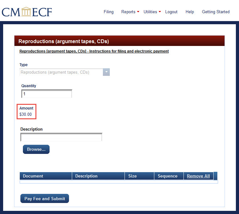 Fee amount highlighted